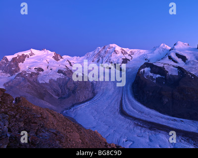 Suisse, Valais, Zermatt Gornergrat,,sommets du Mont Rosa, Liskamm, et le glacier du Gorner et Breithorn Banque D'Images