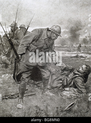 La Première Guerre mondiale (1914-1918). Bataille de Champagne (France) : un blessé le capitaine et chef de bataillon, se serrer la main pour souhaiter bonne chance. Banque D'Images