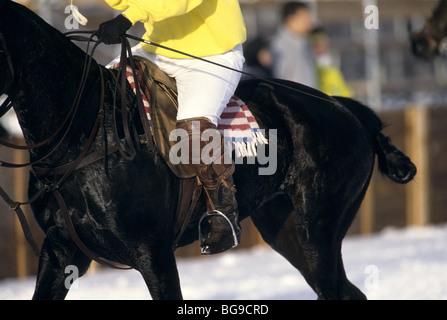 Snow polo player riding a horse Banque D'Images