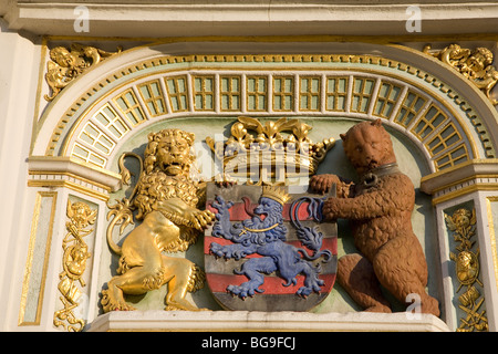 Détail sur l'Oude Griffie - Vieille maison enregistreurs, place Burg, Bruges, Belgique Banque D'Images