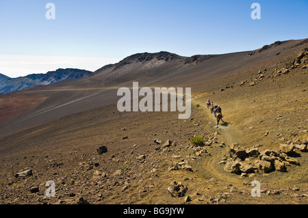 Les cavaliers sur la piste des sables bitumineux, le Parc National de Haleakala, Maui, Hawaii. Banque D'Images