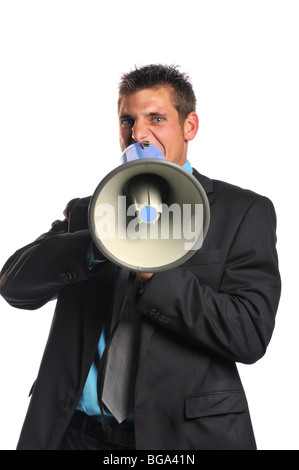 Young businessman with megaphone exprimer la colère isolé sur fond blanc Banque D'Images