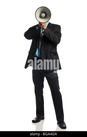 Businessman with megaphone debout et isolé sur fond blanc Banque D'Images