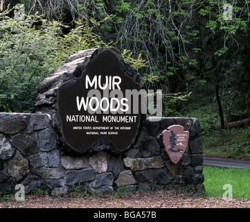 Californie - panneau à l'entrée de la redwood groves à Muir Woods National Monument. Banque D'Images