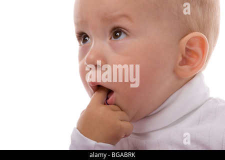 Surpris baby close-up portrait, isolé sur fond blanc Banque D'Images