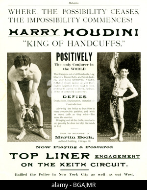 Houdini, roi de menottes, 1900 magic magazine publicité pour la célèbre jeune magicien et escapologist Banque D'Images