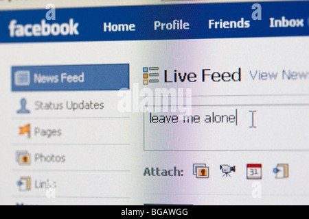 Capture d'écran de me laisser seul étant entré dans l'état de l'alimentation en temps réel de site web de réseautage social Facebook pour un usage éditorial uniquement Banque D'Images