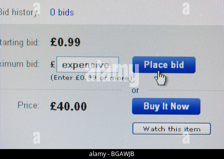Capture d'écran de mot cher tapés dans la fenêtre d'enchérir sur ebay site de vente aux enchères en ligne pour un usage éditorial uniquement Banque D'Images