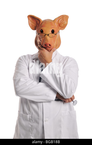 Grippe porcine métaphore montrant un médecin avec tête de cochon isolated on white Banque D'Images