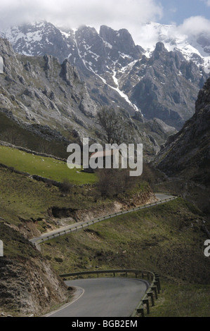 ROUTE DU COL DE MONTAGNE, PICOS DE EUROPA, ESPAGNE : la route magnifique de Pocebos à travers la vallée de Sotres Picos de Europa Cantabria Nord de l'Espagne Banque D'Images