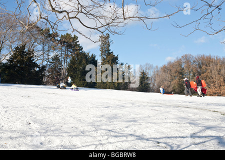 Enfants & ados équitation & transportant sur des traîneaux traineaux en pente couverte de neige sur Central Park journée d'hiver ensoleillée New York City Banque D'Images