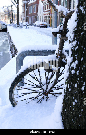 Vieux vélo rouillé et debout contre un arbre dans la neige dans les Pays-Bas Banque D'Images