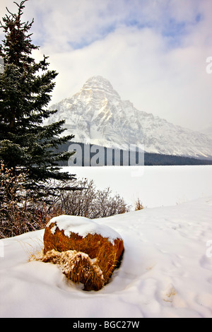 Paysage d'hiver avec le Mont Chephren (3307 mètres/10850 pieds) et le lac de la sauvagine après les chutes de neige fraîche, promenade des Glaciers, Banff Banque D'Images