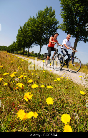 Les cyclistes, Sloten, Friesia, Hollande, Pays-Bas, Europe Banque D'Images