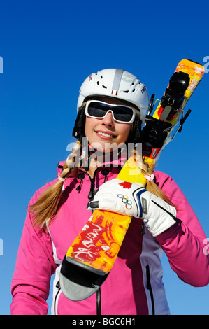 Skieur, femme, freeride Banque D'Images