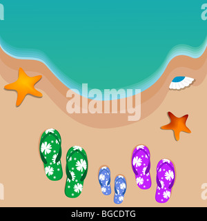 Billet, vue sur la plage, étoiles de mer, coquillages, chaussons Banque D'Images