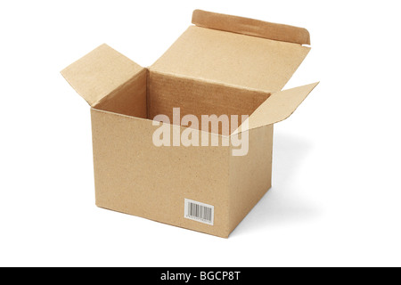 Ouvrez la boîte de carton brun avec blanc sur l'étiquette à code-barres Banque D'Images