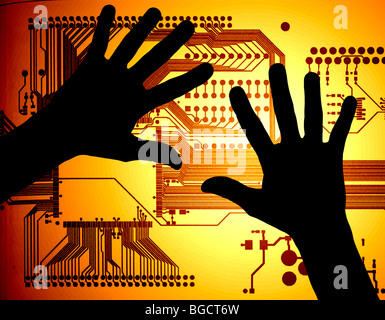 Mains qui se profile au circuit de haute technologie illustration Banque D'Images
