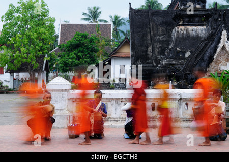Le Laos, Luang Prabang ; une longue exposition de droit de moines recueillir des aumônes à l'aube Banque D'Images