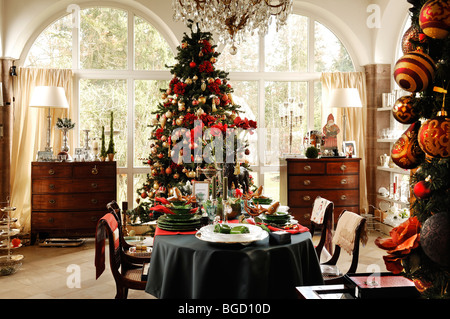 Arbre de Noël décoré dans une véranda avec une table de décoration à vendre, Villa & Ambiente store, Im Weller, Nurembe Banque D'Images