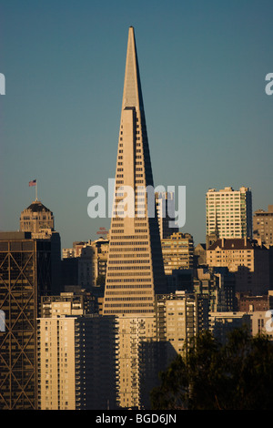 La Transamerica Pyramid et haut de l'hôtel Fairmont Hotel, San Francisco, Californie, USA. Banque D'Images