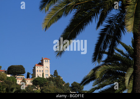 Dans Varavilla Villa Roquebrune Cap Martin au-dessus de Monaco, île des dattiers (Phoenix) canarienses au premier plan, Alpes Banque D'Images