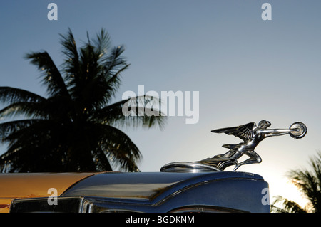 L'enjoliveur de capot d'une voiture d'époque, Ocean Drive, Miami South Beach, quartier Art déco, Florida, USA Banque D'Images