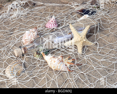 Les étoiles de mer, les coquillages et la bouteille avec message pris dans le filet de pêche Banque D'Images