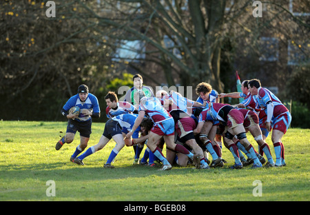 Les joueurs de rugby de Hove porter claret et chemises bleues et de Lewes wearing blue en action lors d'un match Banque D'Images