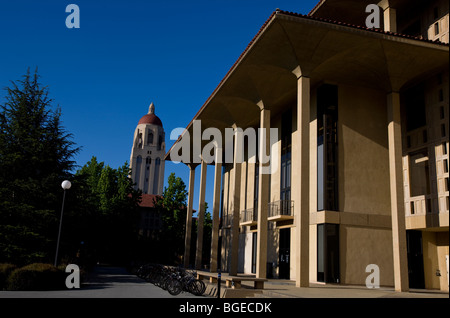 Hoover Tower se tient derrière la Bibliothèque verte à l'Université de Stanford sur une journée avec un ciel bleu, Stanford, Californie, USA. Banque D'Images