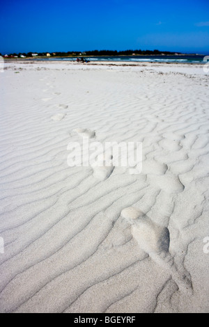 Des empreintes de pas dans le sable blanc de la plage Crescent, dans la ville de Lockeport, La Route 3, Route des Phares, en Nouvelle-Écosse, Canada. Banque D'Images