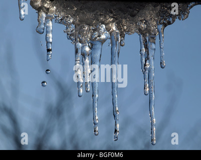 Gouttes d'eau de fonte la fonte de glaçons laissant deux capturés en plein vol gouttelettes contre ciel bleu clair symbolisant le changement climatique et catastrophe imminente Banque D'Images