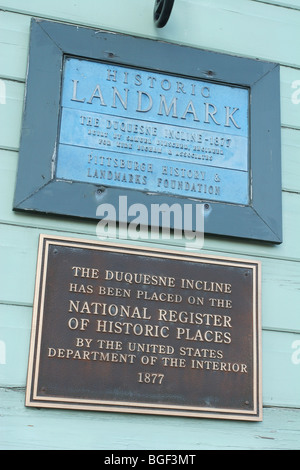 Duquesne Incline Railway marqueur historique. Pittsburgh, Pennsylvanie, USA. Banque D'Images