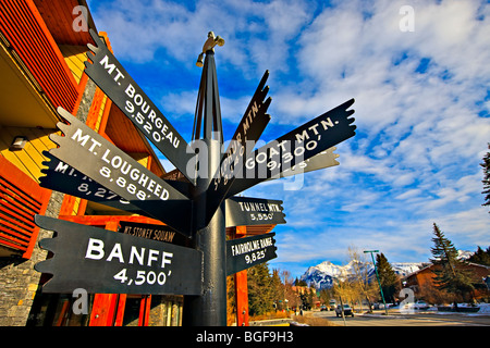 Panneau directionnel Multi le long de l'Avenue Banff pointant sur diverses montagnes, la ville de Banff, Banff National Park, Canadian Rocky Banque D'Images