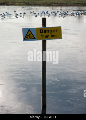 Danger, la glace mince, enseigne sur étang gelé, Wimbledon Common, London Banque D'Images