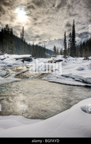 L'eau qui coule de la rivière Mistaya, entouré de neige fraîche et de la glace pendant l'hiver avec le Mont Sarbach (3155 mètres/pieds) en 10351 Banque D'Images