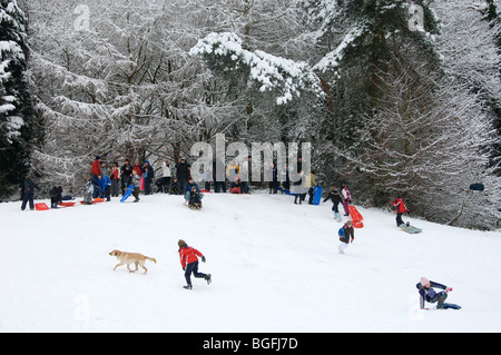 Les gens jouent dans la neige au cours de UK de froid Janvier 2010 Banque D'Images