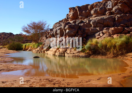 Le reste de l'eau dans une rivière près de la préhistoire sites archéologiques de Wadi Mathendous, Mesak Settafet plateau, Libye Banque D'Images