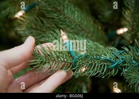 Close Up of hand holding lumières de Noël sur l'arbre de Noël artificiel. Banque D'Images