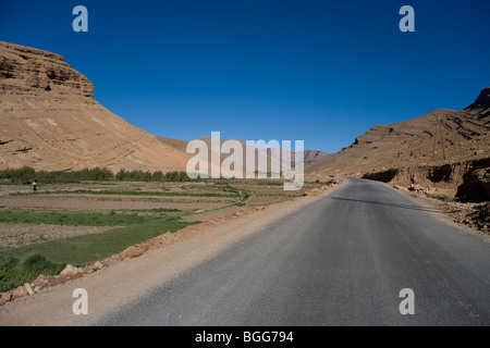 Route de Gorges de Todra Tinerhir près de champs irrigués par une petite ville entre les chaînes de montagnes de l'Atlas, Maroc Banque D'Images