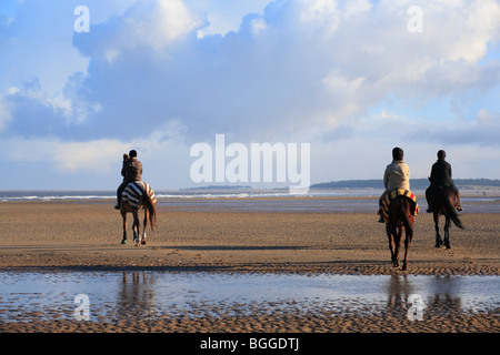 Trois cavaliers sur la plage équitation retour à Holkham de Burnham Overy le jour de l'an 2010. Banque D'Images