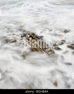 Belles images d'art créé par la longue exposition de vagues se déplacer au-dessus des cailloux et des rochers sur une plage au crépuscule écossais Banque D'Images