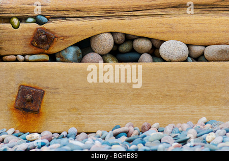 Cailloux colorés lisse piégés dans les lacunes des épis en bois ou la mer défenses font des compositions artistiques Banque D'Images