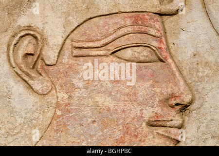 Close up of relief sculpté de kings head sur un bloc dans le musée en plein air de Karnak Temple, Luxor Egypte Banque D'Images