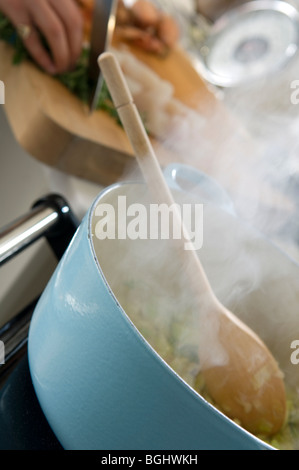 Cuisson à la casserole sur la cuisinière Banque D'Images