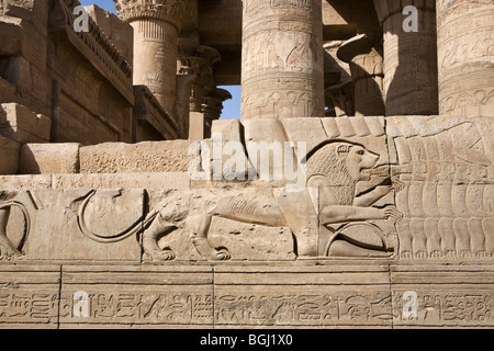 Soulagement de lion sur le couloir extérieur mur du Temple de Sobek et Haroeris à Kom Ombo dans la vallée du Nil, de la Haute Égypte Banque D'Images