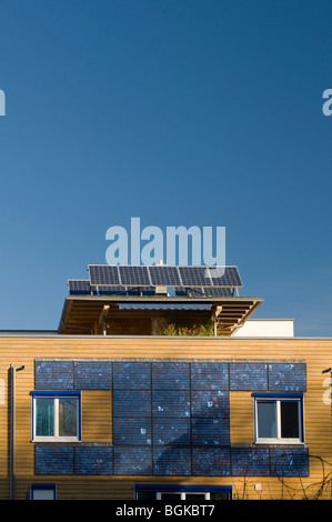 Façade et Toiture avec système solaire écologique, quartier Vauban à Freiburg, Bade-Wurtemberg, Allemagne, Europe Banque D'Images