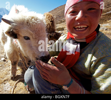 Yak femelle Herder avec bébé Yak Région Asie Tibet Himalaya Everest Banque D'Images