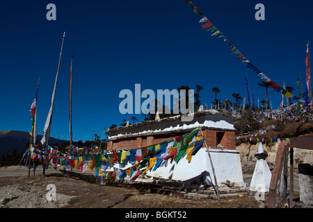 Les drapeaux de prières à l'Thrumshingla col à 3800m qui marque le fossé entre l'Est et l'ouest Bhoutan Banque D'Images