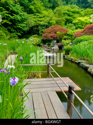 Iris et passerelle. Les jardins japonais de Portland. Oregon Banque D'Images